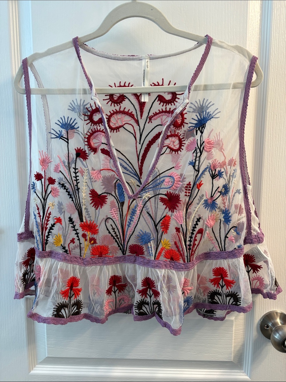 Anthropologie Sheer Embroidered Floral Top in Lavender Trim